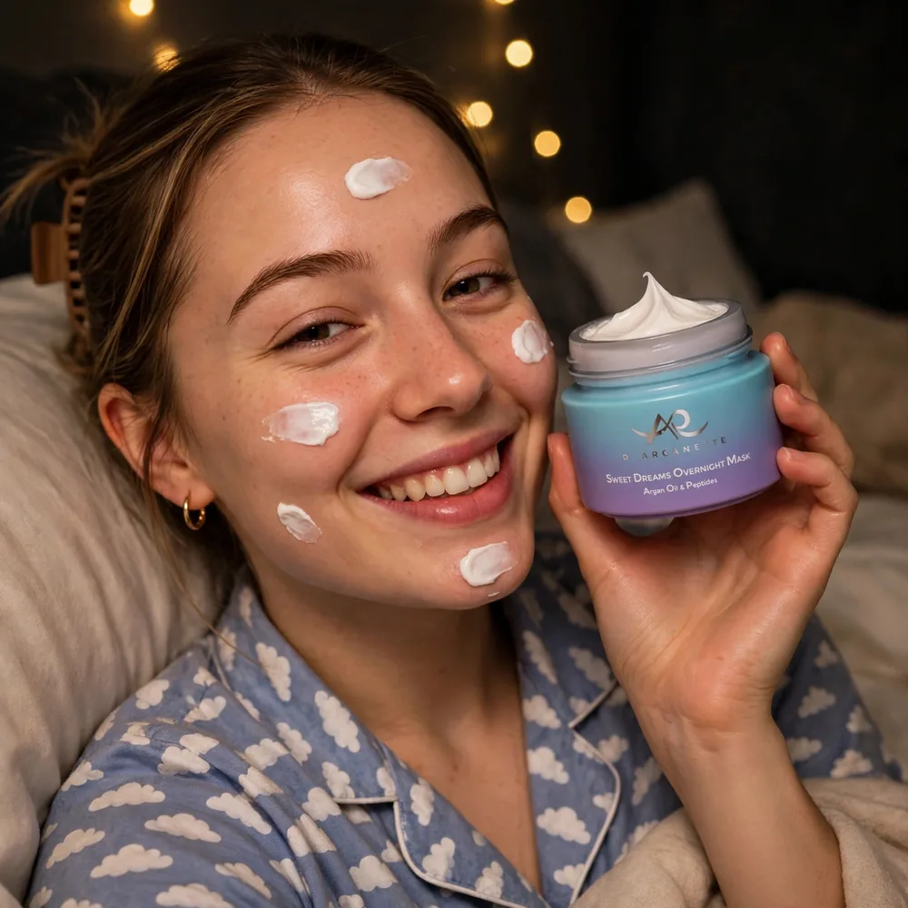 Person with Sweet Dreams cream dabbed on their face, holding the open jar in bed