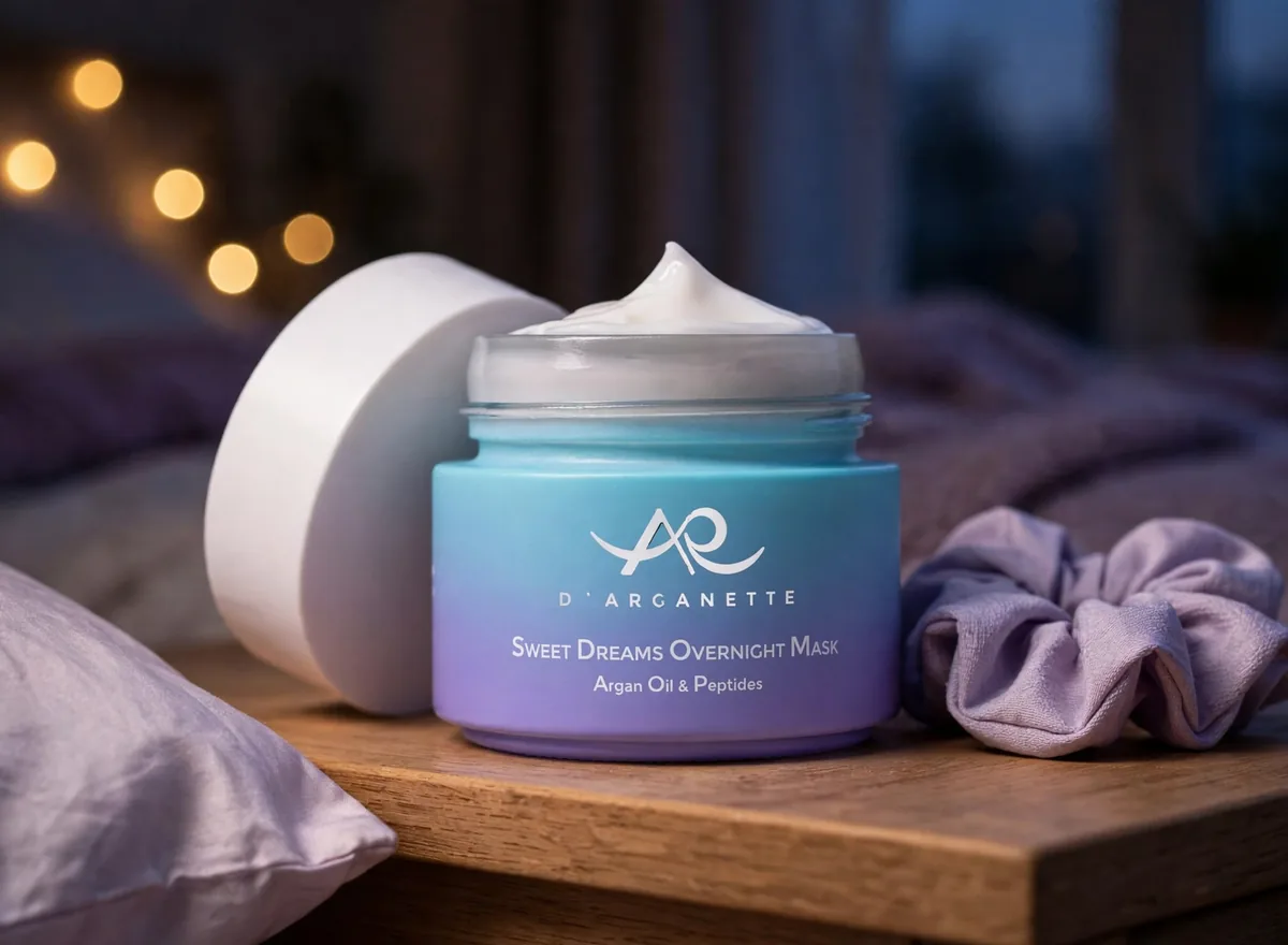 Sweet Dreams Overnight Mask jar open on a bedside table with fairy lights and a lavender scrunchie