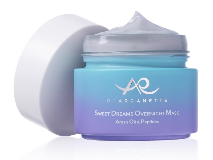D'Arganette Sweet Dreams Overnight Mask jar in a blue to lavender gradient