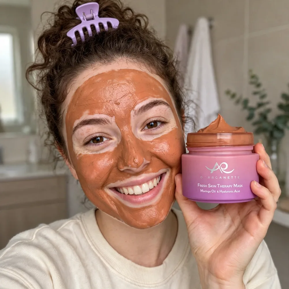 Person wearing the terracotta Fresh Skin Therapy clay mask and holding the jar