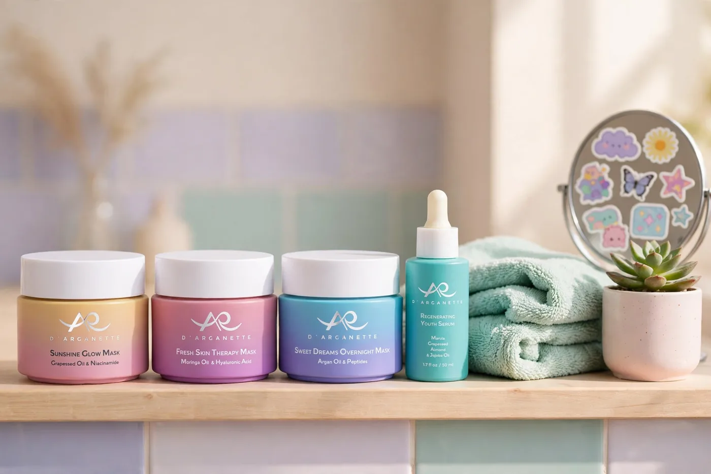 All four D'Arganette products lined up on a pastel bathroom shelf with a mint towel and a sticker-covered mirror