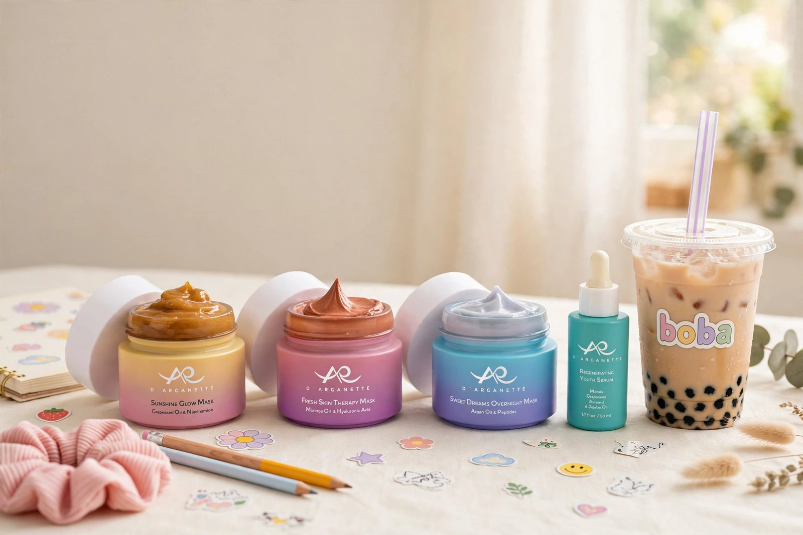 All four D'Arganette jars and the serum bottle lined up on a sticker-covered desk next to a boba tea