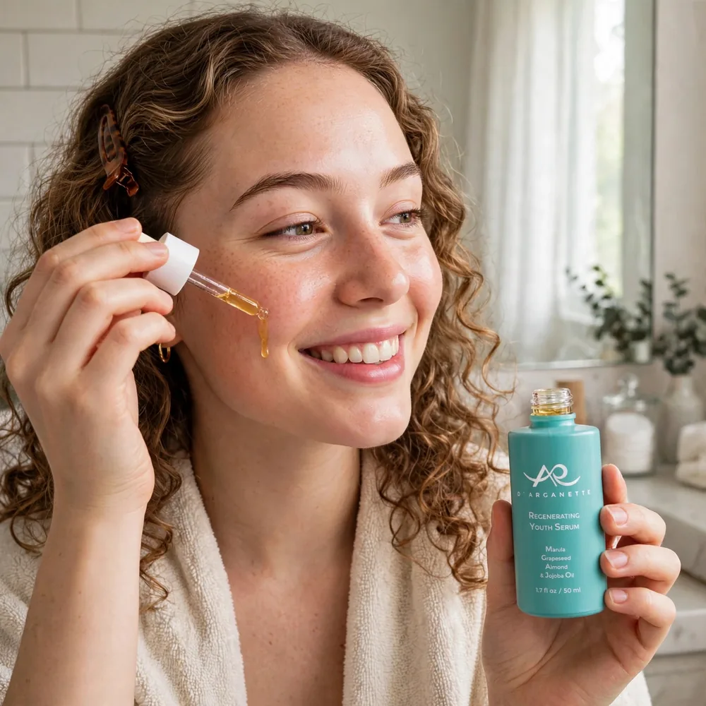 Person applying Regenerating Youth Serum with the dropper while holding the open bottle