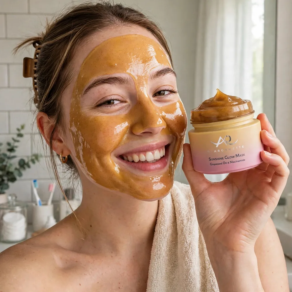 Person wearing the golden Sunshine Glow Mask and holding the open jar