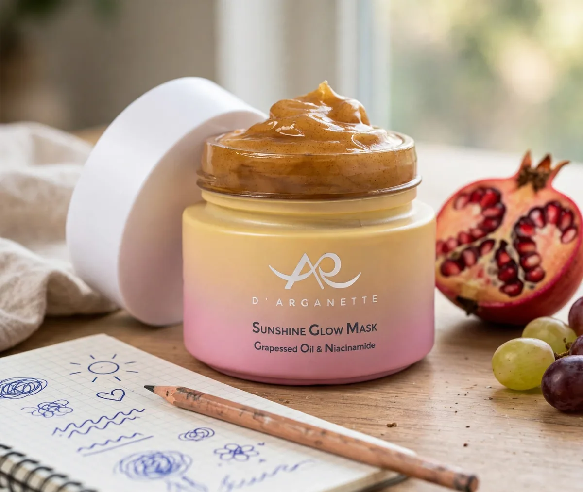 Sunshine Glow Mask jar open on a sunny desk with pomegranate, grapes and a notebook